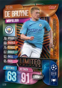 TOPPS CHAMPIONS LEAGUE 2019-20 EXTRA UK LIMITED EDITION DE BRUYNE BRONZE