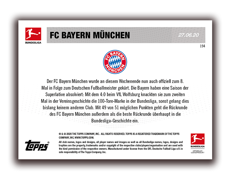 TOPPS NOW BUNDESLIGA 2020-21 BAYERN MUNICH CHAMPION VERSO